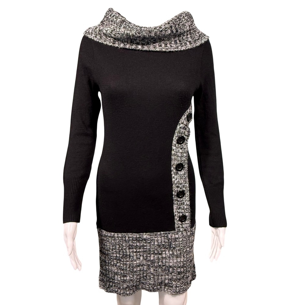 Venus Black Marled Grey Cowl Neck Off The Shoulder Knit Sweater Dress Small
